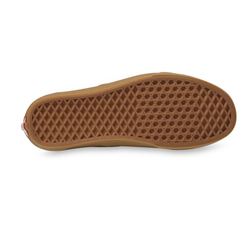 Vans Gum Authentic shoes outsole featuring waffle-textured gum rubber sole, bottom view.