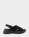 Comfortable Women's Sneaker Sandals in Black Stretch Gabardine Fabric Side View