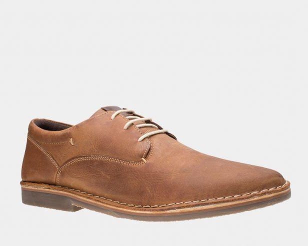 Steve Madden Harpoon dress shoe in light brown leather with stitching details, lace-up closure, and rounded toe, side view.