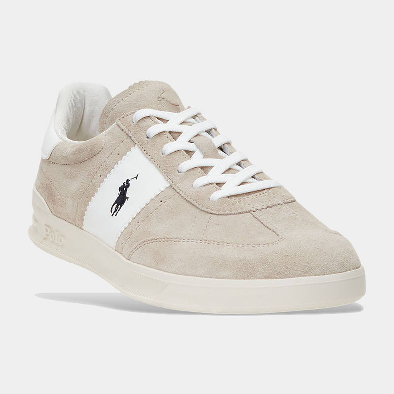 Polo Ralph Lauren Heritage Aera Leather-Suede sneakers in beige suede and white leather, featuring iconic logo details, front angle view.