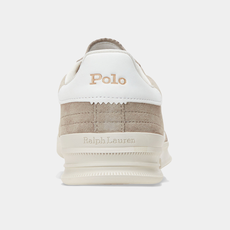 Polo Ralph Lauren Heritage Aera Leather-Suede shoes in beige suede and white leather, back view showcasing logo detailing.