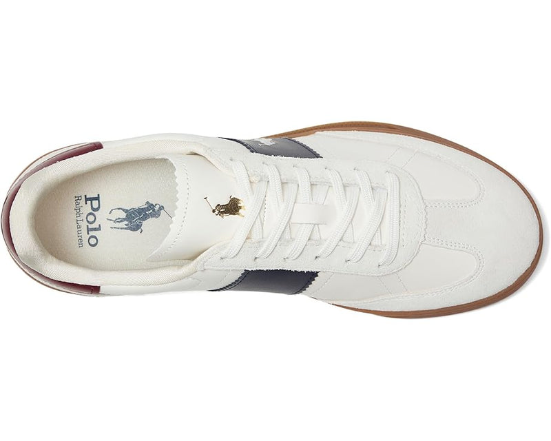 Polo Ralph Lauren Heritage Aera Sneaker top view showing white leather upper, navy stripe detail, burgundy heel accent, and gum outsole.