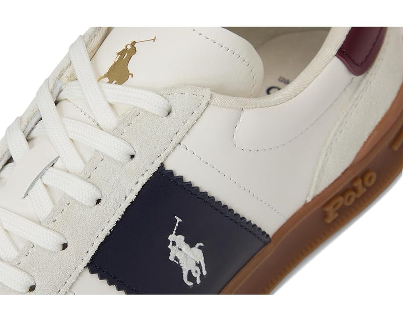 Polo Ralph Lauren Heritage Aera Sneaker in white leather and suede with navy and maroon accents, close-up side view.
