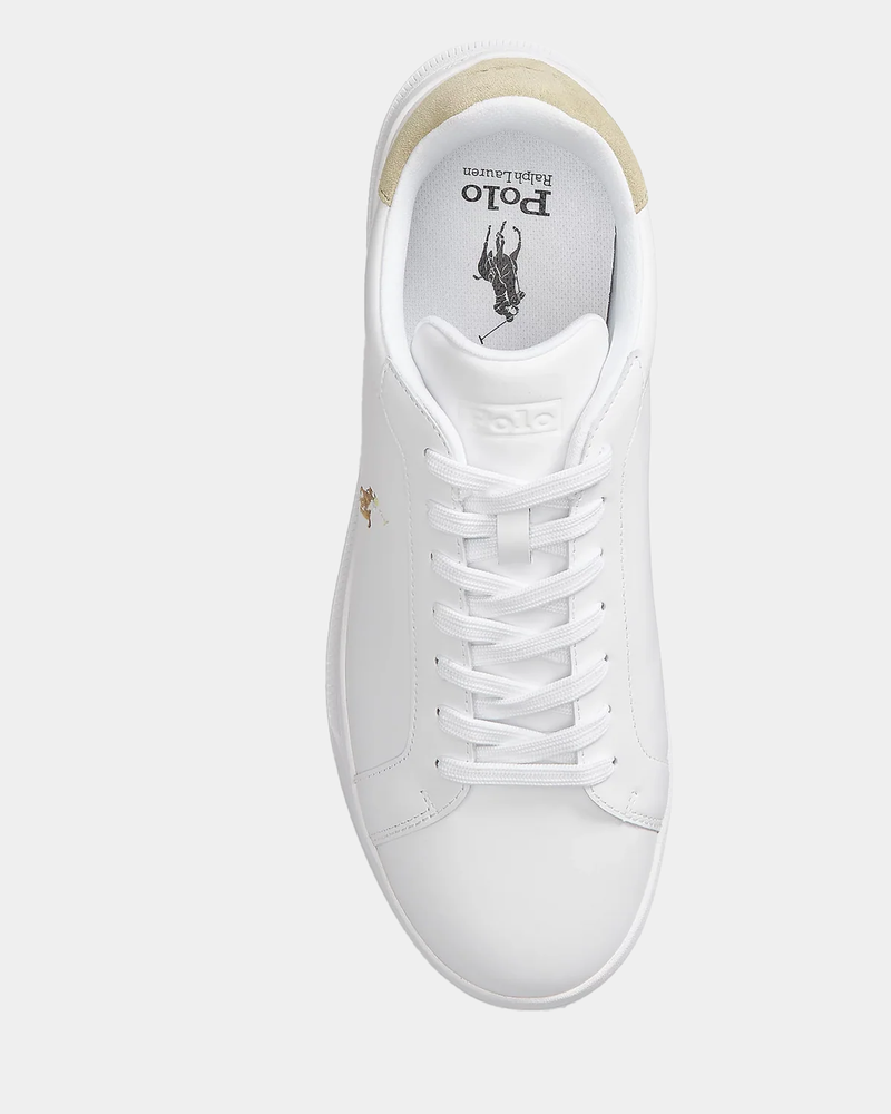 Polo Ralph Lauren Heritage Court II Leather sneakers in white, featuring a sleek leather upper, embroidered logo detailing, and lace-up closure, top view.