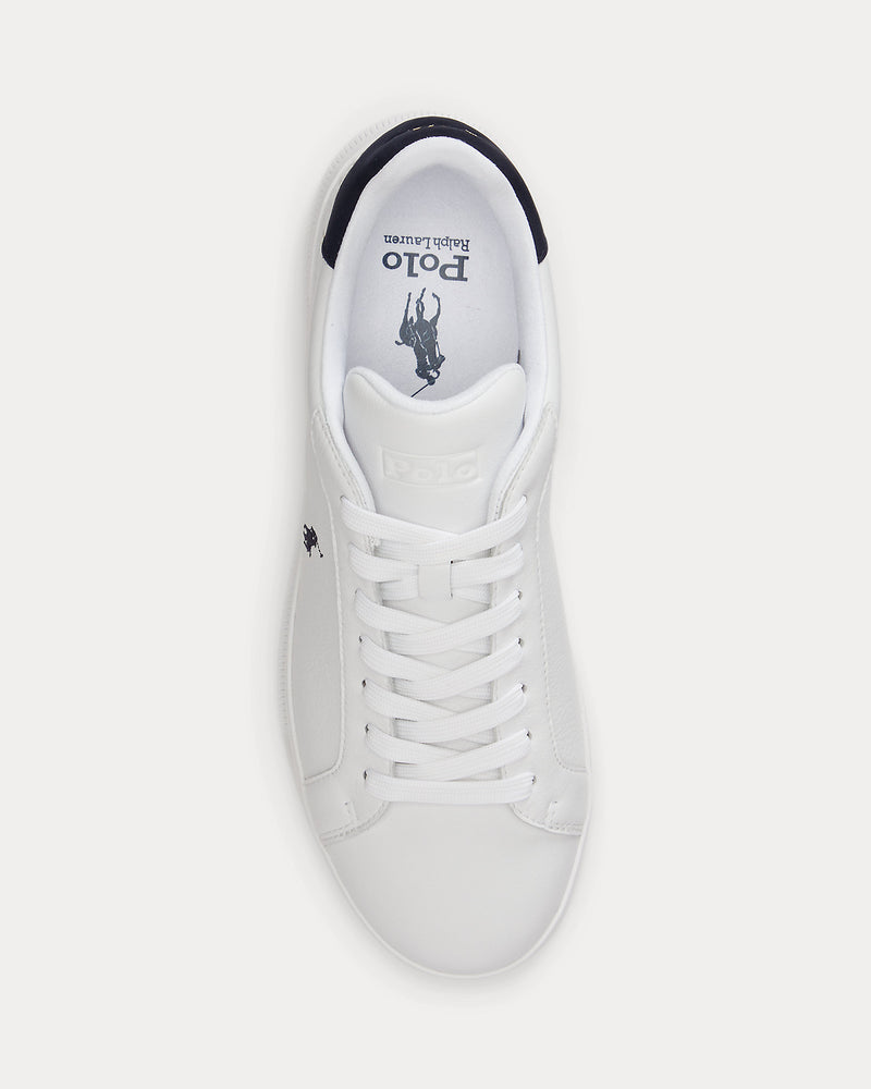 Polo Ralph Lauren Heritage Court II Leather sneakers in white leather with navy accents and lace-up closure, top view.