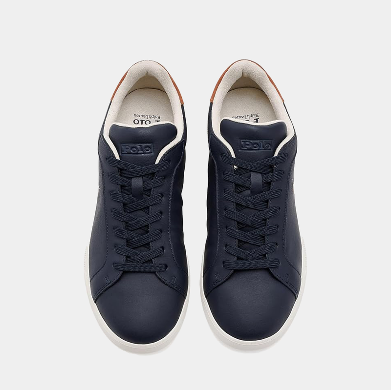 Polo Ralph Lauren Heritage Court II Leather sneakers in navy blue with a smooth leather upper, white sole, and lace-up design, top view.