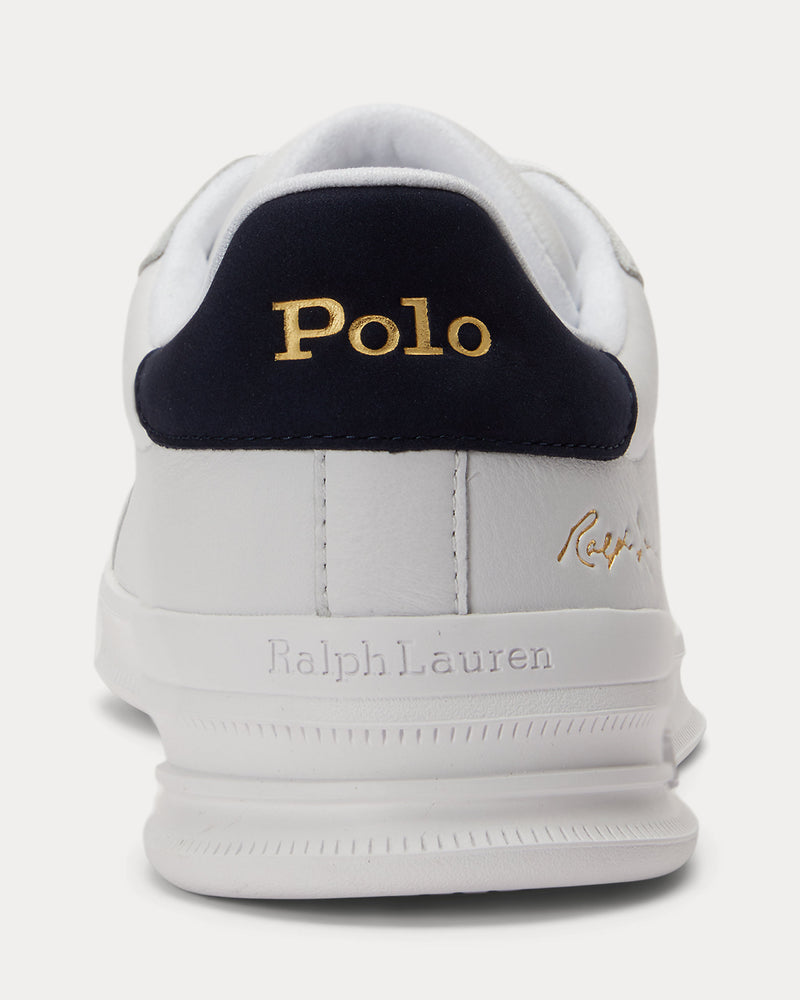 Polo Ralph Lauren Heritage Court II Leather sneakers in white with navy heel tab and gold logo detail, back view.