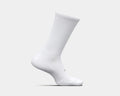 Feetures High Performance Max Cushion Crew socks in white with ribbed upper and cushioned sole, side view.