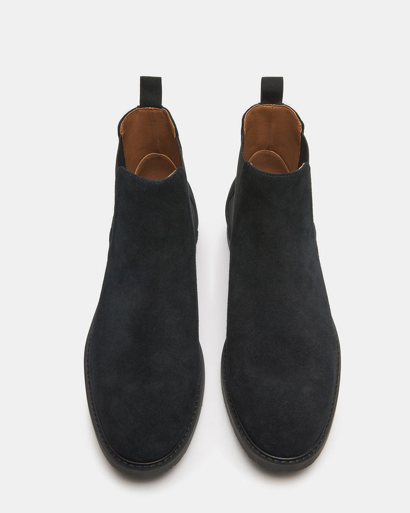 Steve Madden Highline Chelsea Boot in black suede with pull tabs and almond toe design, top view.