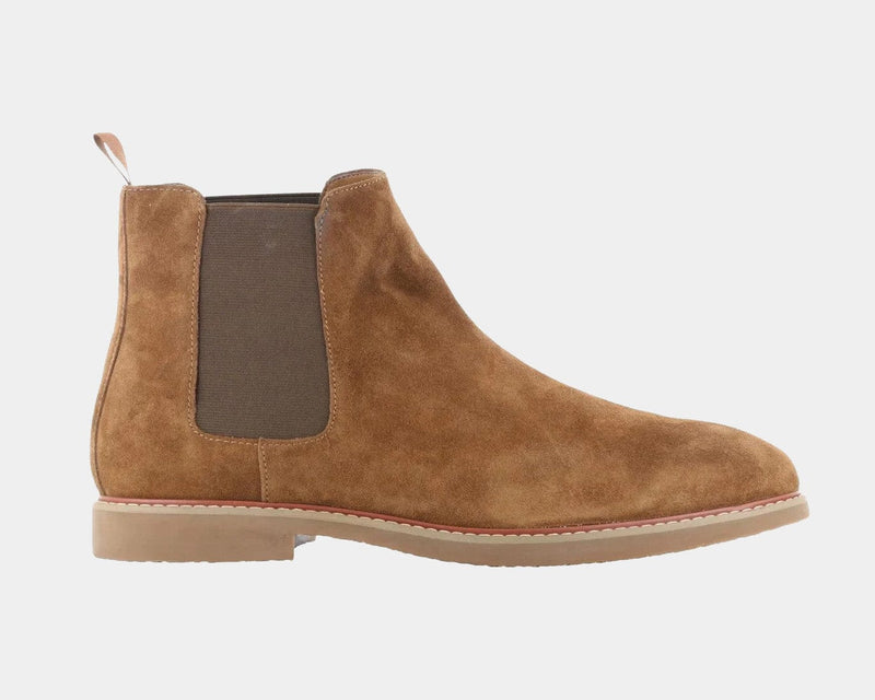 Steve Madden Highline Chelsea Boot in tan suede with elastic side panels and pull tab, side view.
