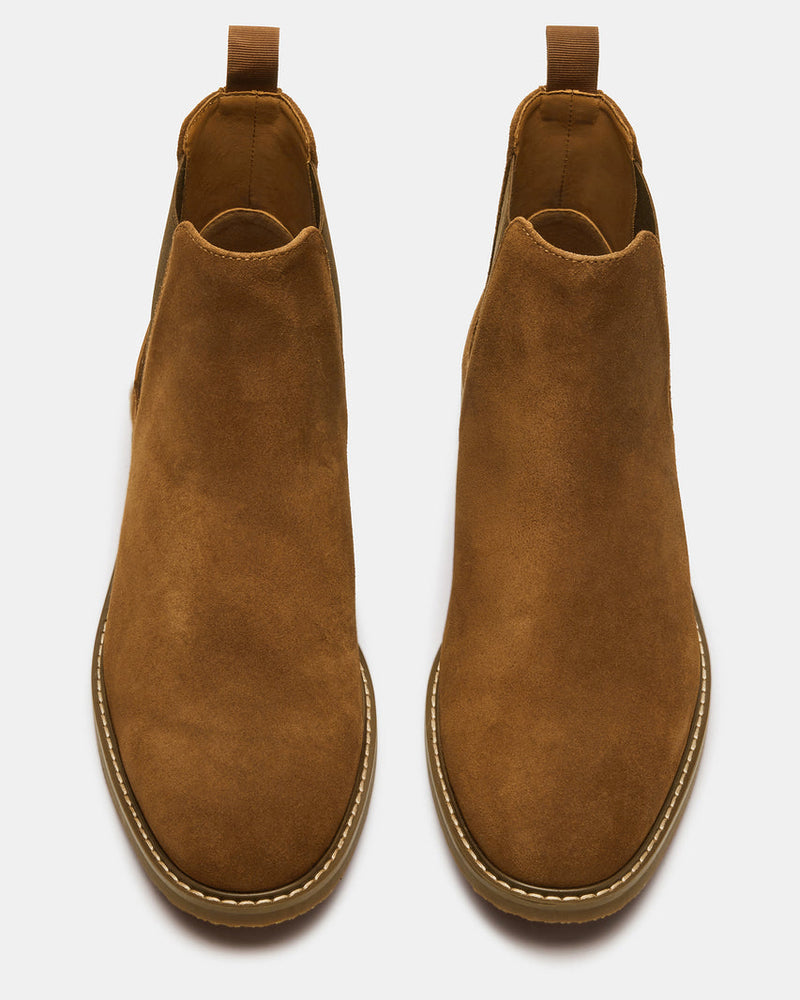 Steve Madden Highline Chelsea Boot in brown suede with pull tabs and stitched sole detail, top view.