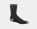 Darn Tough Hiker Micro Crew Cushion socks in charcoal gray with reinforced heel and toe, side view showing red logo accents.