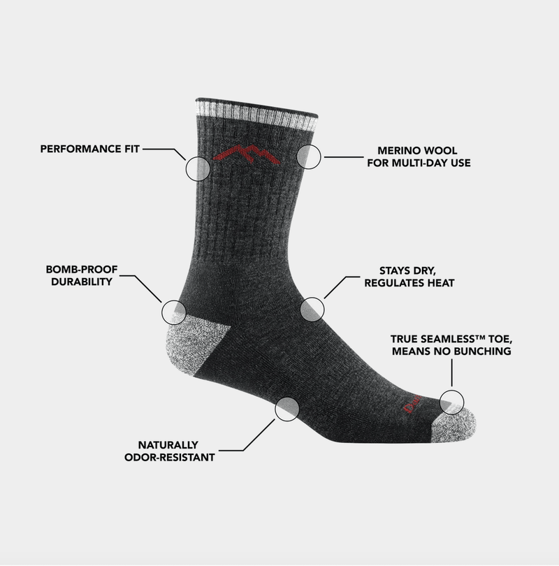 Darn Tough Hiker Micro Crew Cushion socks in black and gray with merino wool and seamless toe design, side view highlighting features.