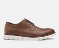 Johnston & Murphy Holden Plain Toe shoes in brown leather with perforated detailing and white cushioned sole, side view.