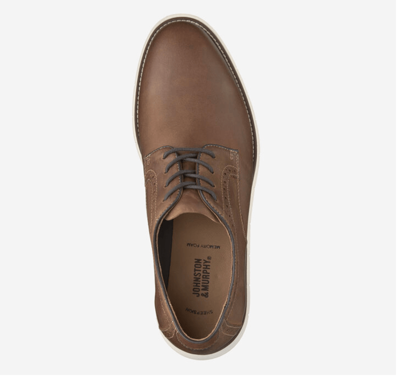 Johnston & Murphy Holden Plain Toe shoes in brown leather with lace-up closure and cushioned footbed, top view.