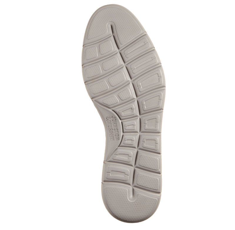Johnston & Murphy Holden Plain Toe outsole in gray showing geometric tread design and embossed branding, bottom view.