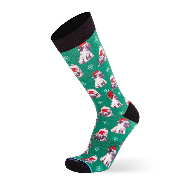 Tall Order Holiday Pugs Extra Cushioned socks, green with festive pug and snowflake pattern, black cuff, heel, and toe, side view.