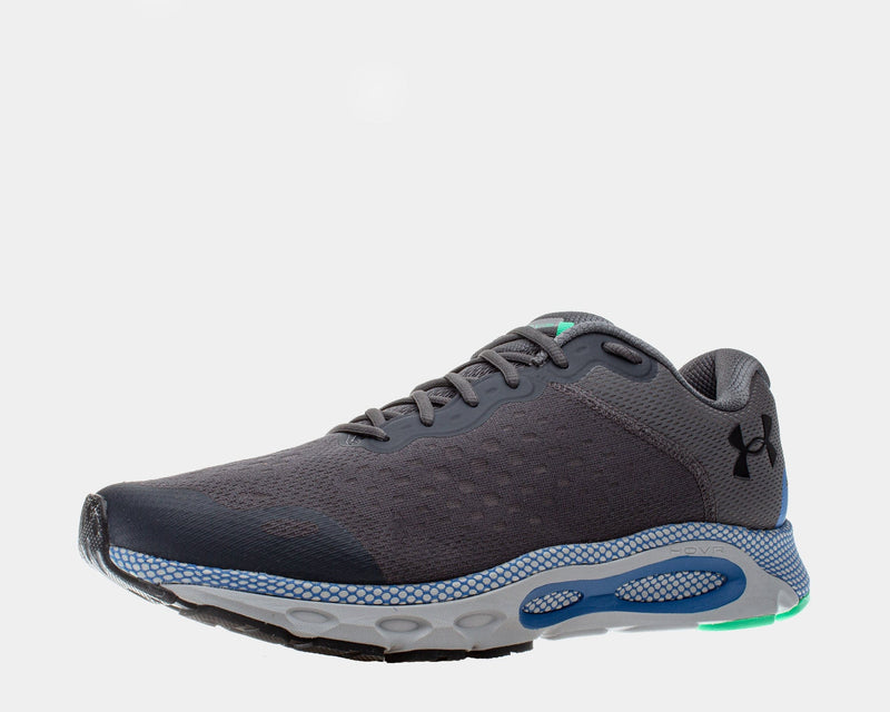Under Armour HOVR™ Infinite 3 running shoes in gray with mesh upper, blue midsole accents, and green heel details, side view.