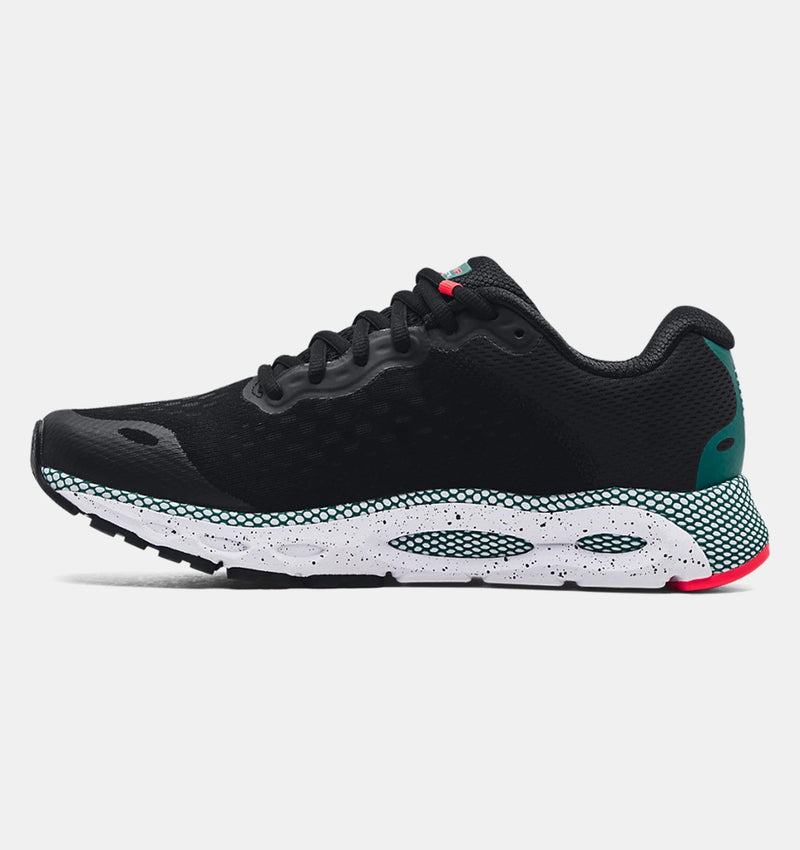 Under Armour HOVR™ Infinite 3 running shoes in black with breathable mesh upper, white speckled midsole, and teal accents, side view.