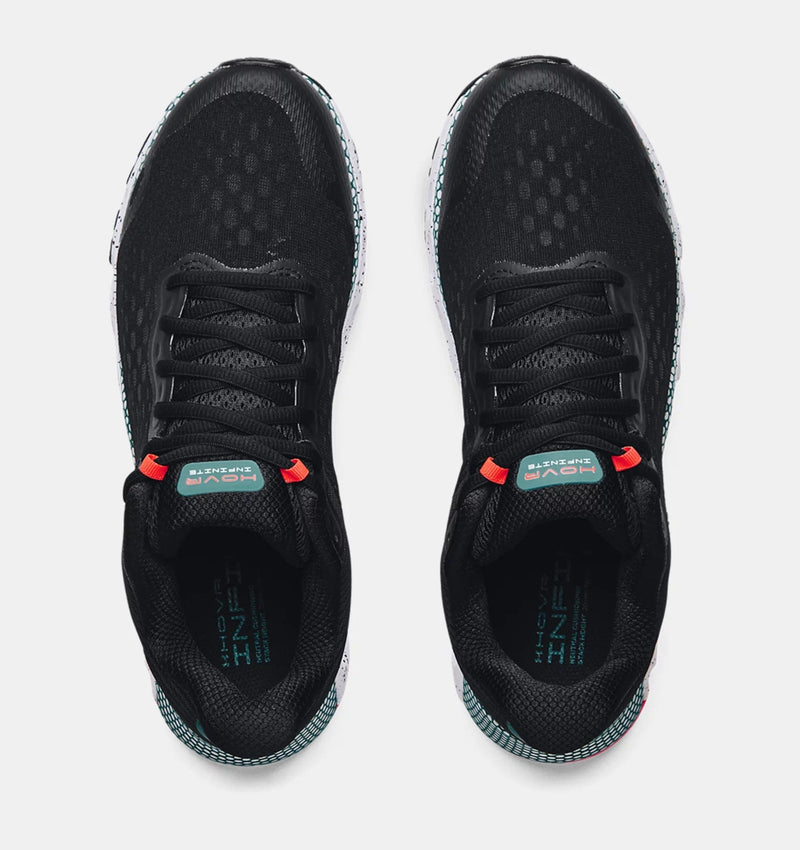 Under Armour HOVR™ Infinite 3 running shoes in black with breathable mesh upper and red lace loops, top view.