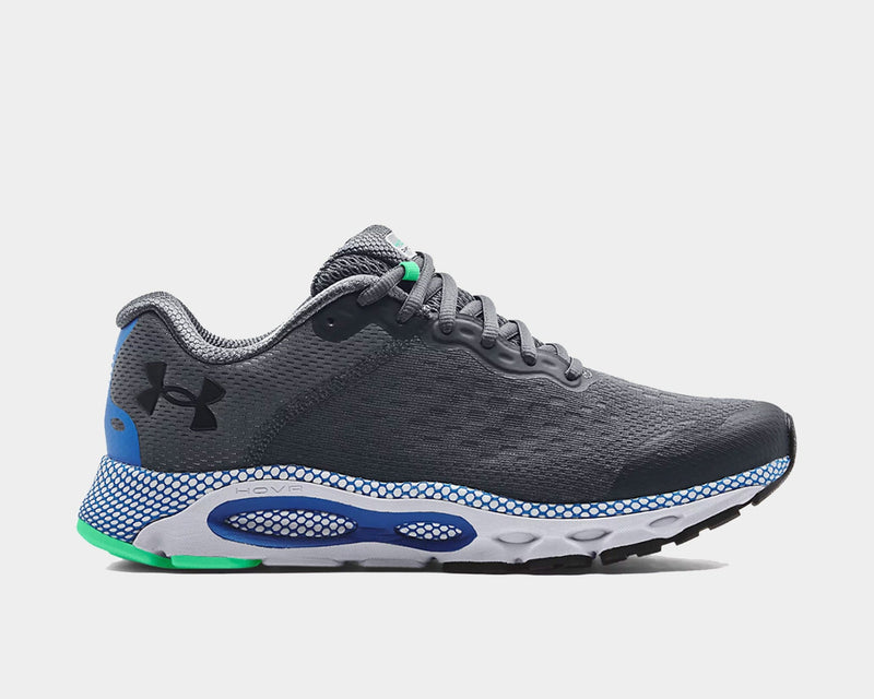 Under Armour HOVR™ Infinite 3 running shoes in dark gray with breathable mesh upper, blue and green accents, side view