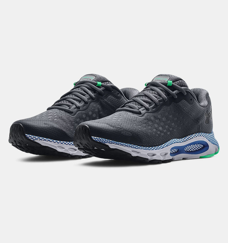 Under Armour HOVR™ Infinite 3 running shoes in dark gray with breathable mesh upper, cushioned midsole, and green accents, front angled view.