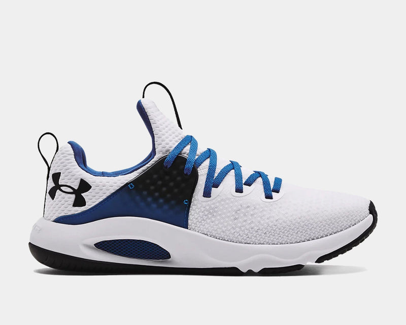 Under Armour HOVR™ Rise 3 training shoes in white with blue laces, breathable mesh upper, and black accents, side view.