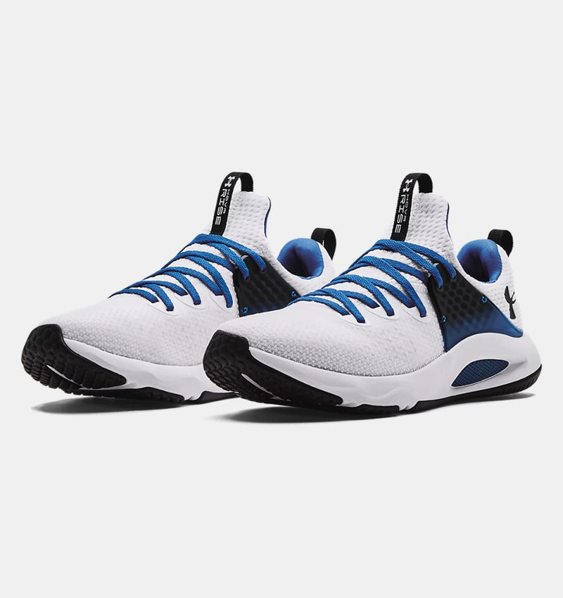 Under Armour HOVR™ Rise 3 training shoes in white with blue laces, black accents, breathable mesh upper, and rubber outsole, front angle view.