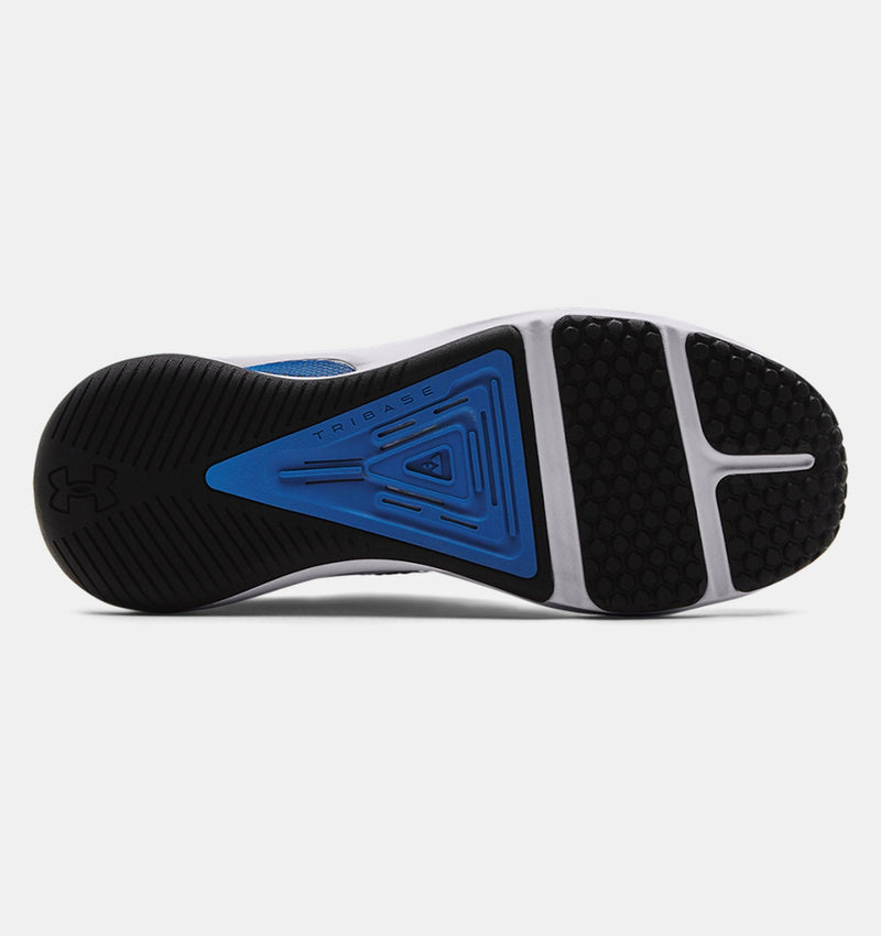 Under Armour HOVR™ Rise 3 training shoe outsole featuring TriBase technology in black and blue rubber.