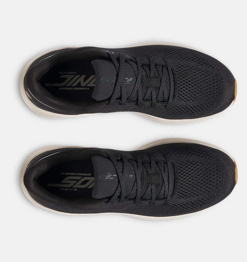 Under Armour HOVR™ Sonic 7 running shoes top view, showcasing black mesh upper with lace system and branded insole.