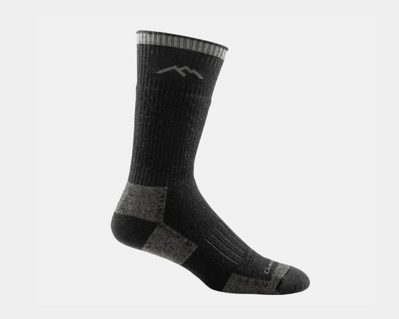 Darn Tough Hunter Boot Sock Cushion in black and gray with reinforced heel, toe, and arch support, side view.
