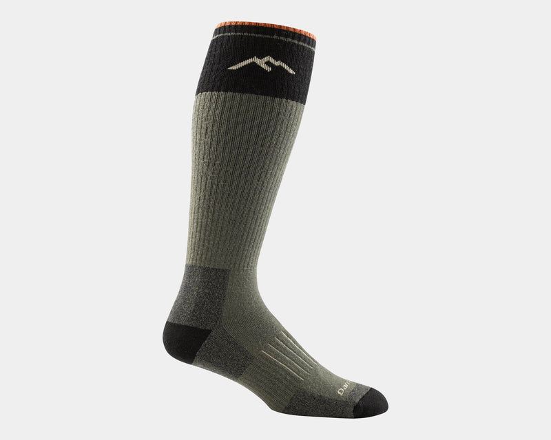 Darn Tough Hunter Over-The-Calf Extra Cushion socks in olive green and black with a ribbed design and reinforced toe and heel, side view.