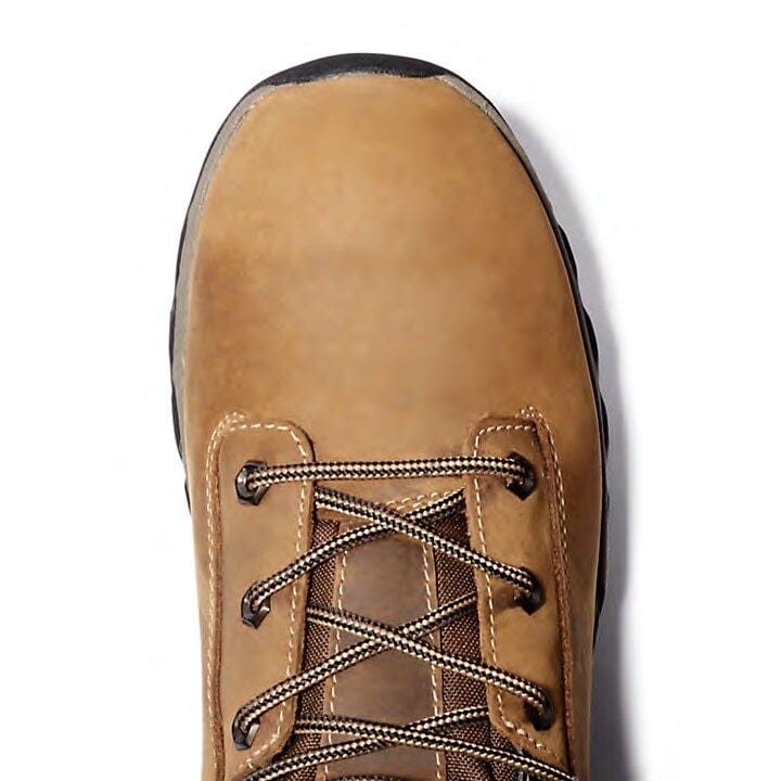 Timberland Pro Hypercharge 6" Soft Toe Work Boots, tan leather upper with black outsole and lace-up closure, top view.