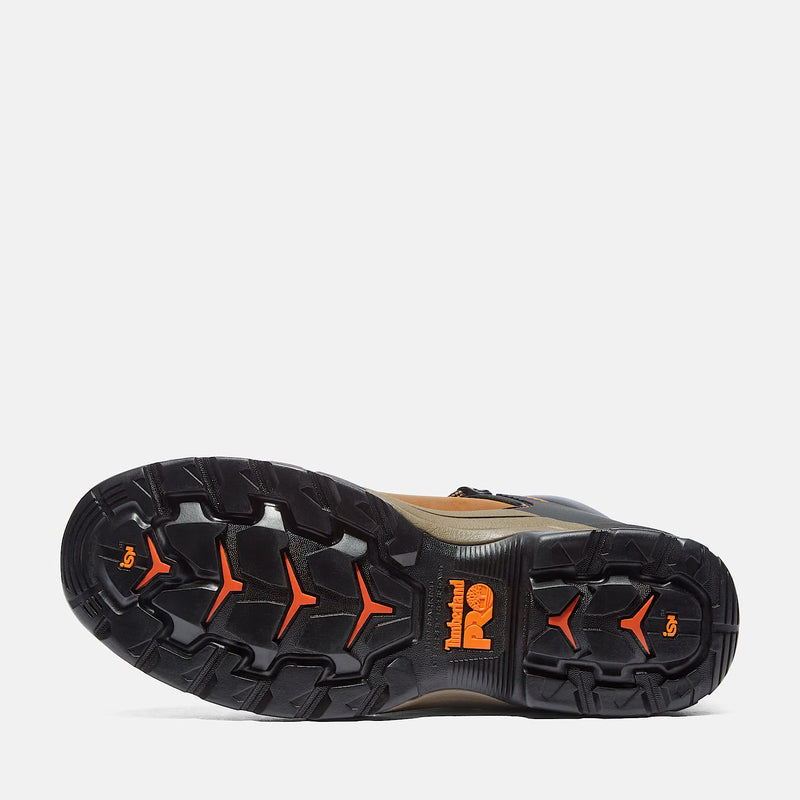 Timberland Pro Hypercharge 6" Soft Toe Work Boots outsole in black with orange accents and slip-resistant tread design.