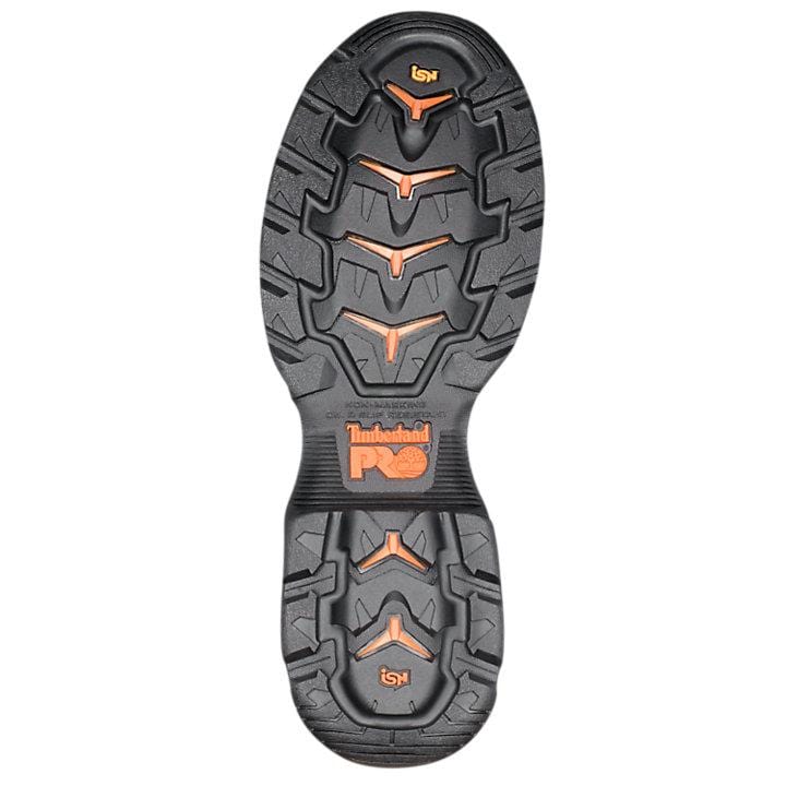 Timberland Pro Hypercharge 6" Waterproof Comp Toe Work Boots outsole with durable tread design and orange logo accents.