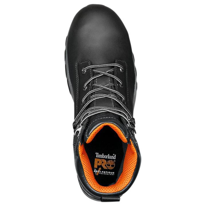 Timberland Pro Hypercharge 6" Waterproof Comp Toe Work Boots, black leather upper with gray laces, orange padded interior, top view.