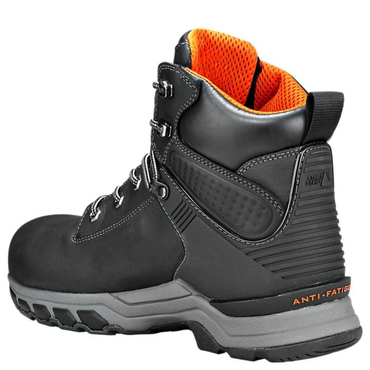 Timberland Pro Hypercharge 6" Waterproof Comp Toe Work Boots with black leather upper, orange padded interior, and anti-fatigue sole, back view.