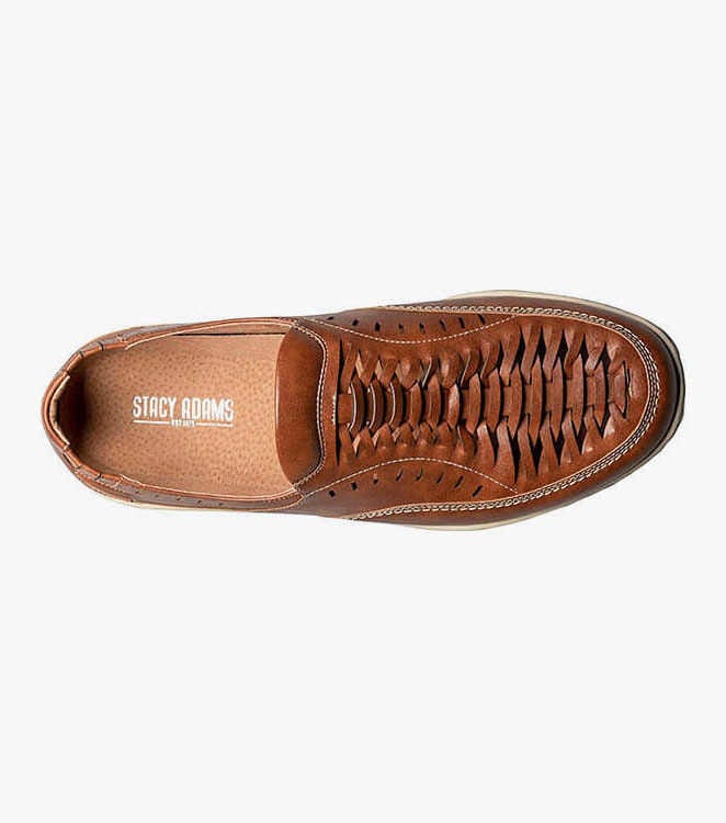 Stacy Adams Ibiza dress shoes in tan leather with woven detailed upper, perforation accents, and cushioned insole, top view.