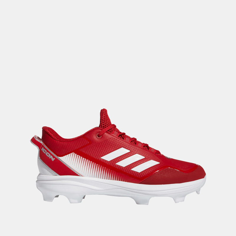 Side view of red and white Adidas Men's Icon 7 TPU Baseball Cleats.
