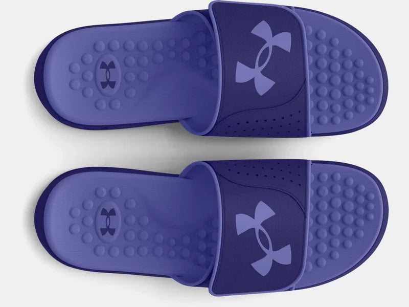 Under Armour Ignite 7 SL slides in purple with textured footbed and perforated strap, top view.