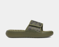 Under Armour Ignite Pro 8 Freedom Slides in olive green with a cushioned footbed and adjustable strap, side view.