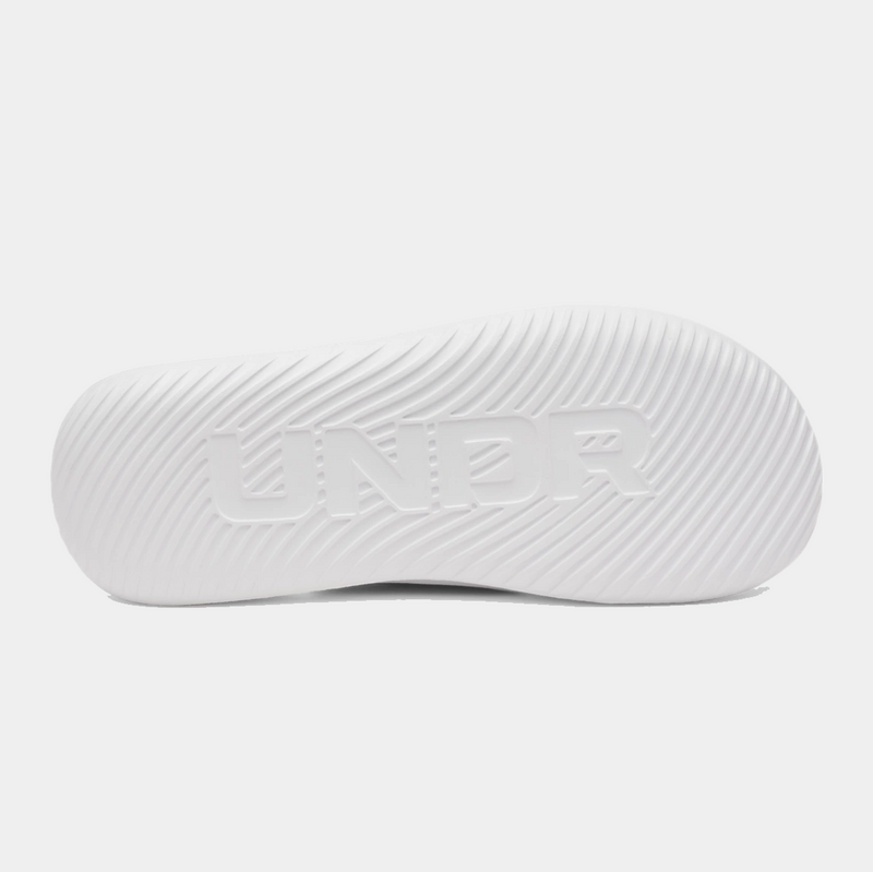 Under Armour Ignite Pro 8 T sole view showcasing white rubber outsole with textured grooves and embossed logo detailing.