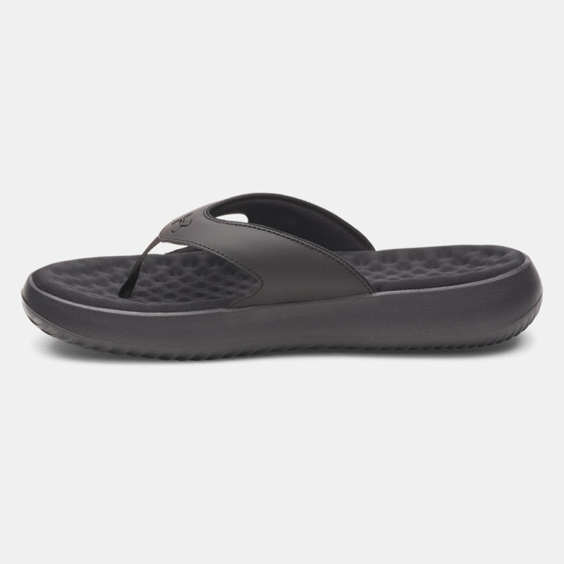 Under Armour Ignite Pro 8 T sandals in black with synthetic strap and textured foam footbed, side view.