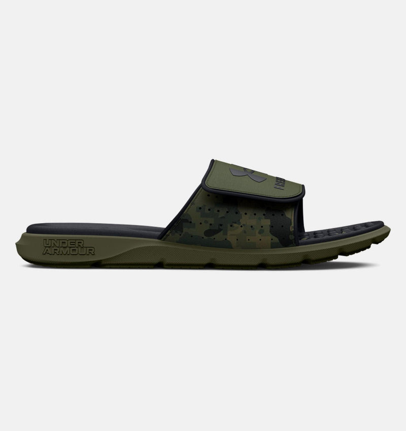Under Armour Ignite Pro Freedom Slides in olive green and black with camo-patterned strap and adjustable Velcro closure, side view.