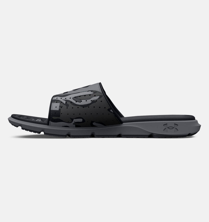 Under Armour Ignite Pro Freedom Slides in black with a perforated strap and camo print, cushioned sole, side view.