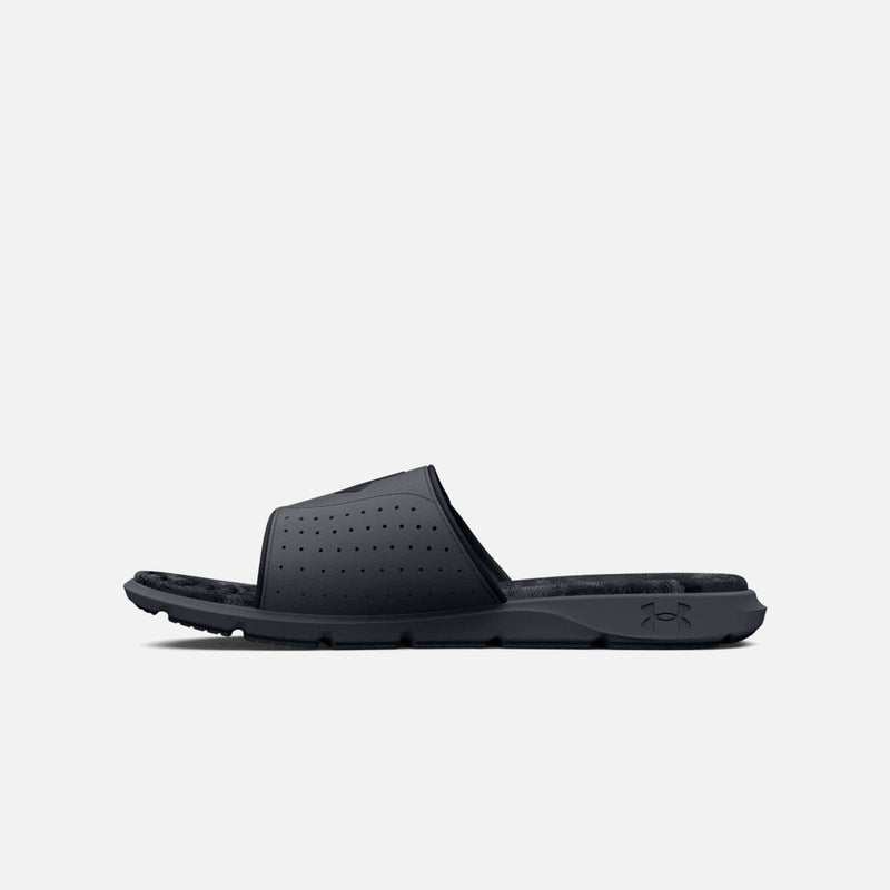Under Armour Ignite Pro Graphic Strap Slides in black with textured foam footbed and perforated strap, side view.