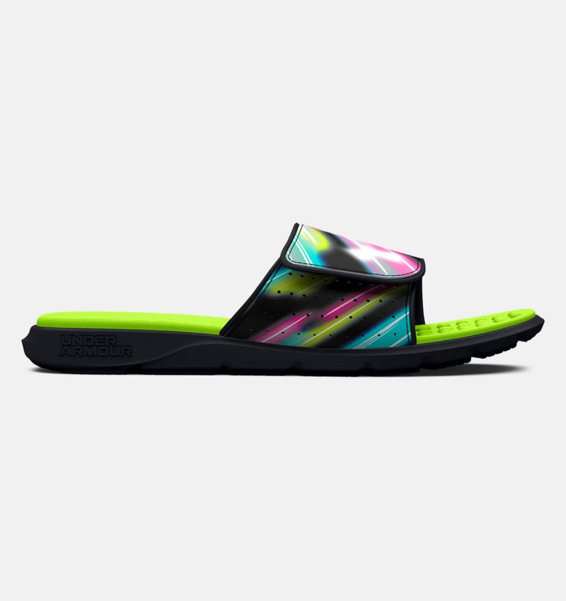 Under Armour Ignite Pro Graphic Strap Slides in neon green with multicolor graphic strap and black foam sole, side view.