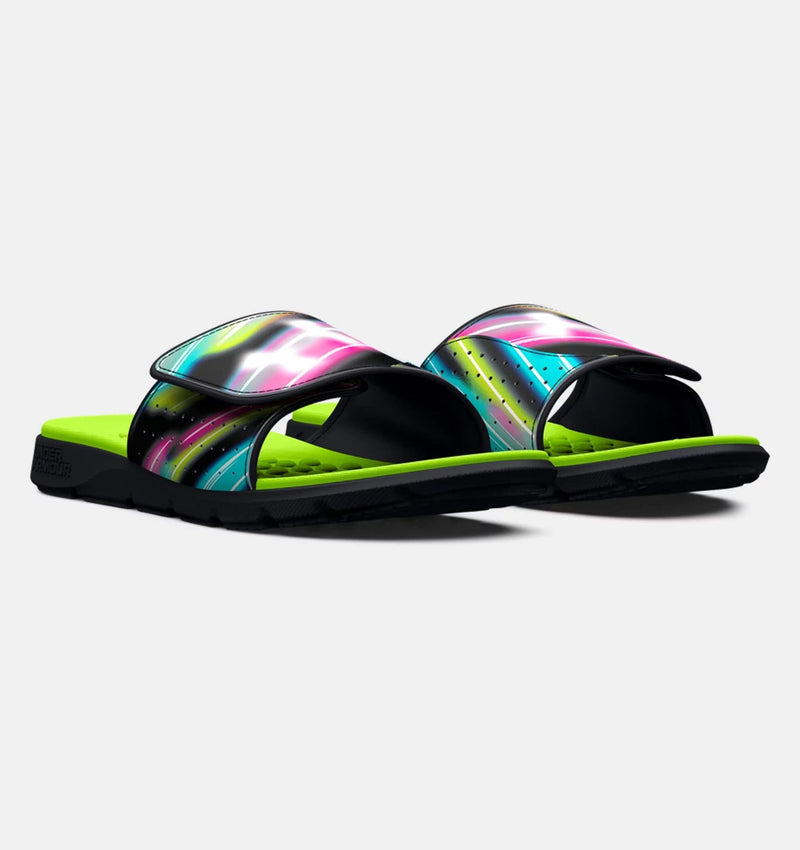 Under Armour Ignite Pro Graphic Strap Slides with colorful graphic strap and lime green footbed, angled front view.