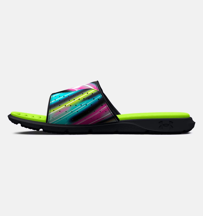 Under Armour Ignite Pro Graphic Strap Slides, side view showing vibrant multi-colored strap, lime green foam footbed, and black outsole.