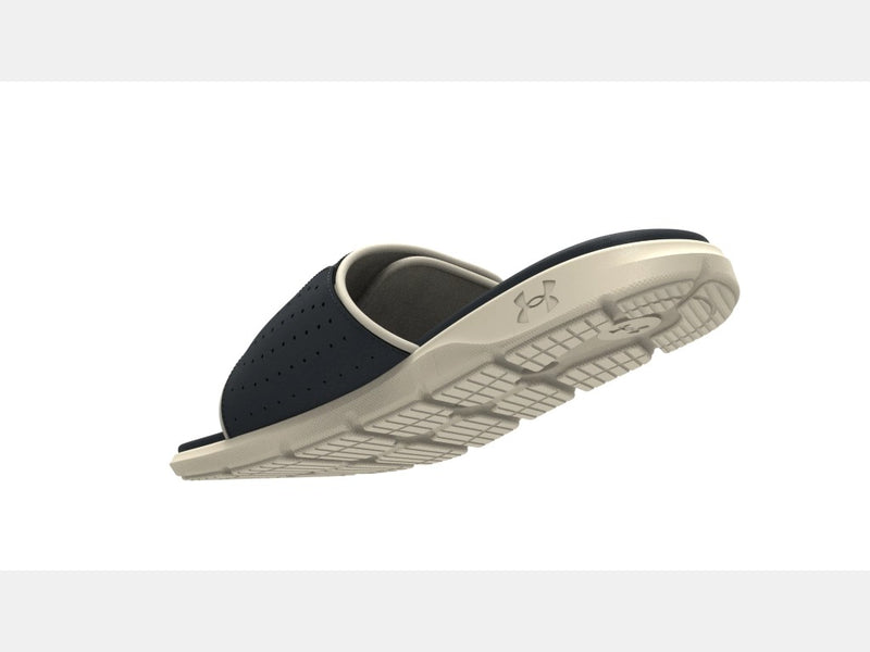 Under Armour Ignite Pro Olympus SL slides with navy perforated strap, cushioned footbed, and beige outsole, bottom view.
